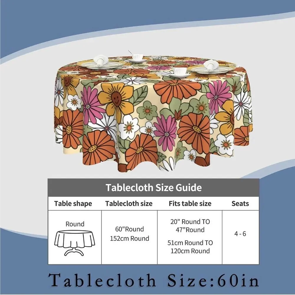 70s Retro Floral Round Tablecloth 60